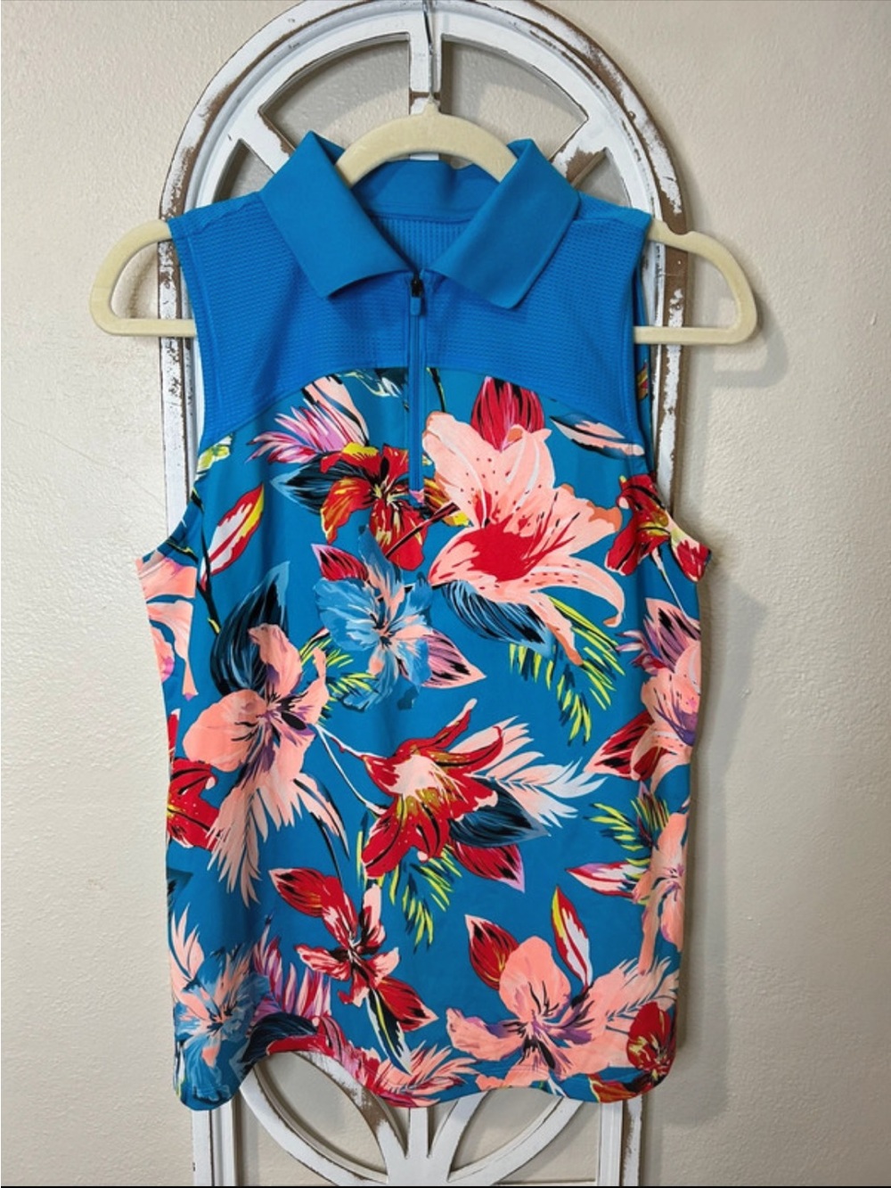 Fila Sleeveless Floral Zip Polo Tank in Bright Blue